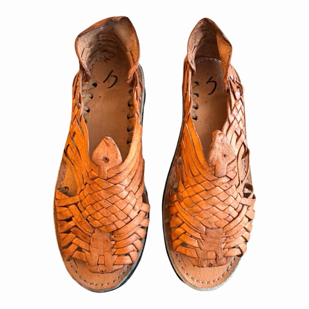 Huaraches D Clasicos Mexican Sandals Size READ Women Tan Brown Woven Leather - Picture 3 of 5